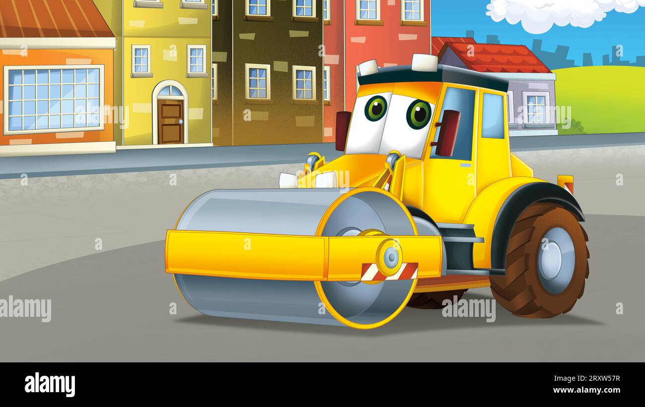 Zeichentrickszene mit Industriebau mit Ausrüstung oder Transportillustration für Kinder Stockfoto