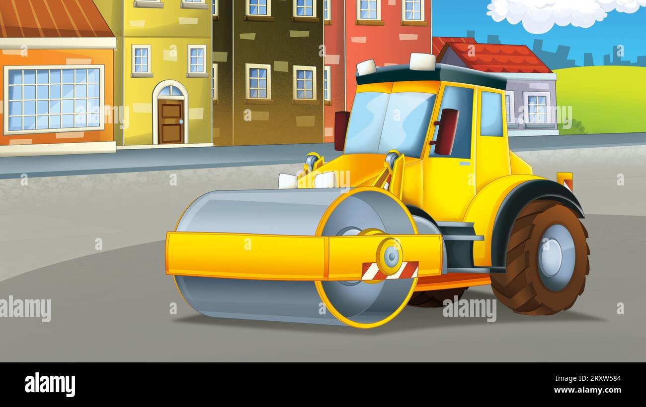 Zeichentrickszene mit Industriebau mit Ausrüstung oder Transportillustration für Kinder Stockfoto