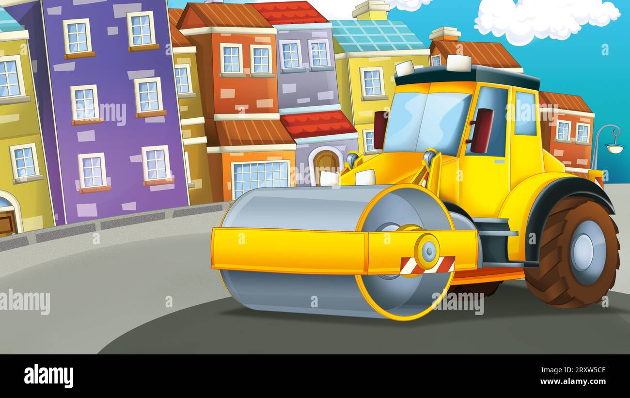 Zeichentrickszene mit Industriebau mit Ausrüstung oder Transportillustration für Kinder Stockfoto