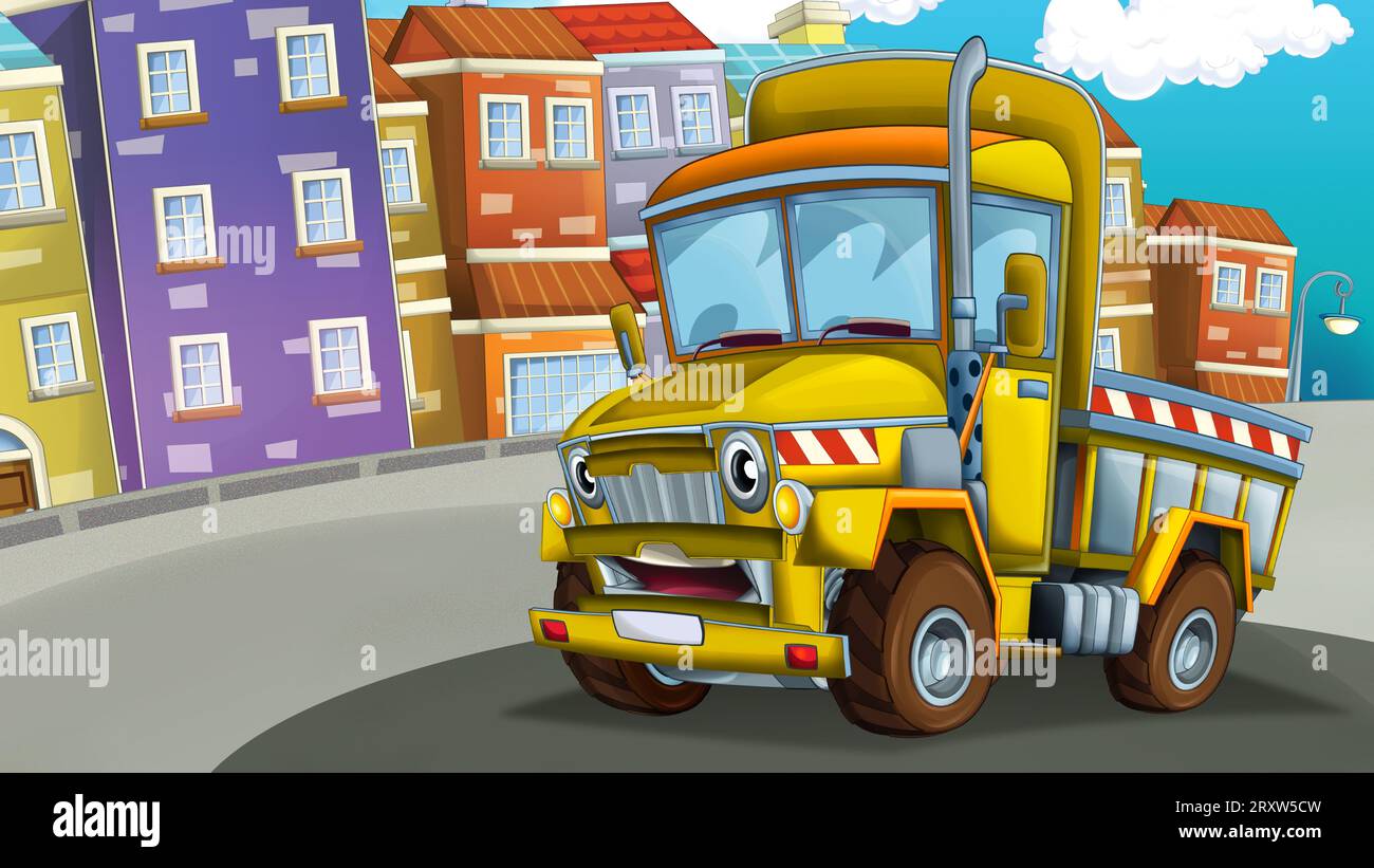 Zeichentrickszene mit Industriebau mit Ausrüstung oder Transportillustration für Kinder Stockfoto