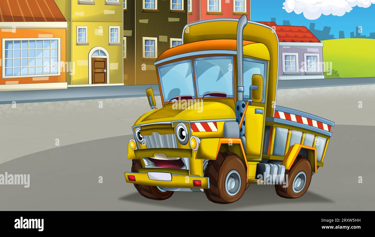 Zeichentrickszene mit Industriebau mit Ausrüstung oder Transportillustration für Kinder Stockfoto