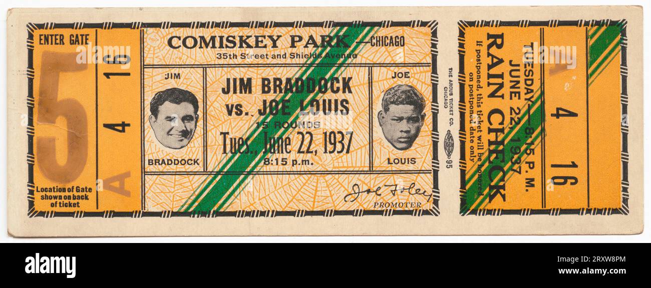 Ticket für ein Meisterschaftsboxspiel zwischen Joe Louis und Jim Braddock Stockfoto