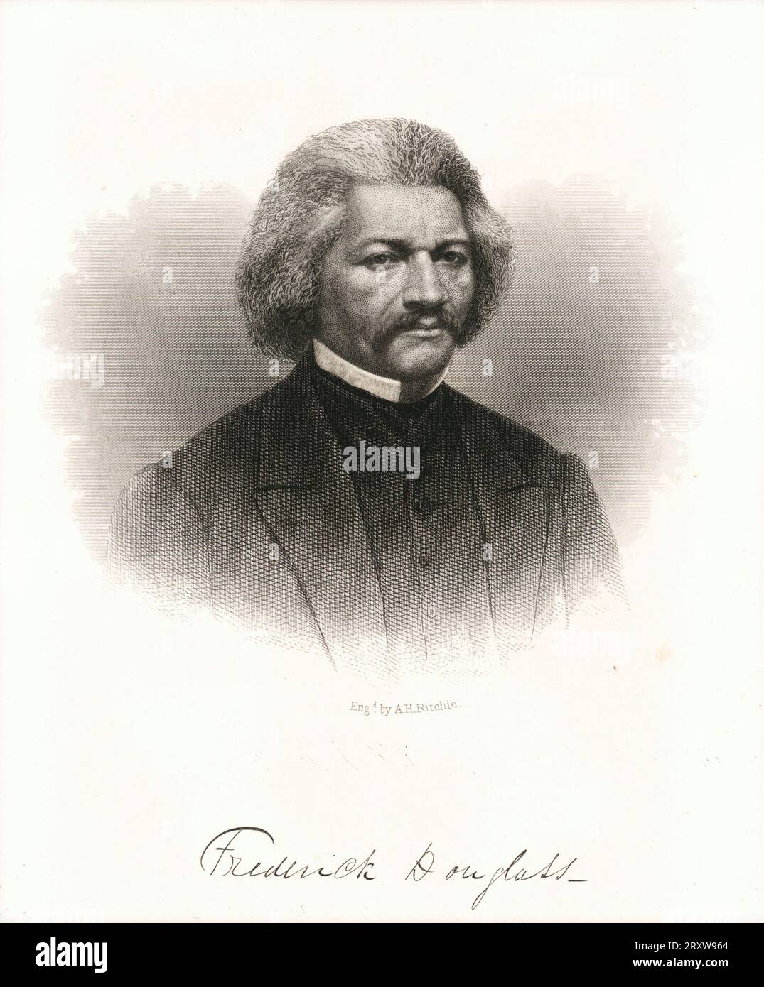 Alexander Hay RitchieA Lithographieporträt von Frederick Douglass. Douglass trägt einen dunklen Anzug und eine Jacke mit einem weißen Unterhemd mit hohem Kragen. Er hat einen Schnurrbart. Unter dem Porträt steht „eng. Von A.H Ritchie. „Am unteren Rand des Porträts in schwarzer Tinte steht „Frederick Douglass“. Stockfoto