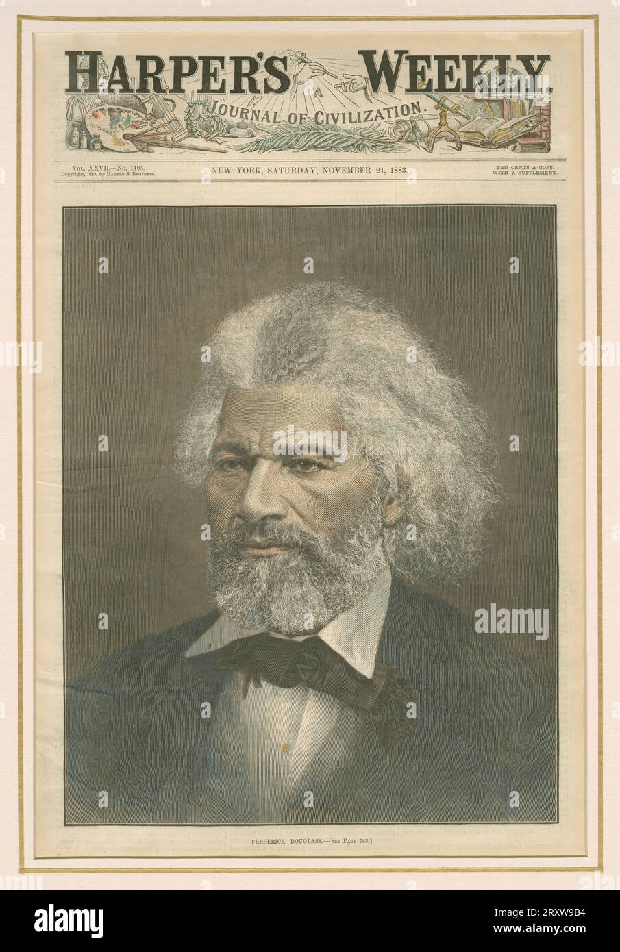 Die Titelseite von Harper’s Weekly: Journal of Civilization, Vol. XXVII, Nr. 1405. Es hat ein ganzseitiges Porträt von Frederick Douglass. Douglass trägt einen Anzug im Porträt. Unter dem Bild steht „FREDERICK DOUGLASS – [siehe Seite 743]“. Stockfoto