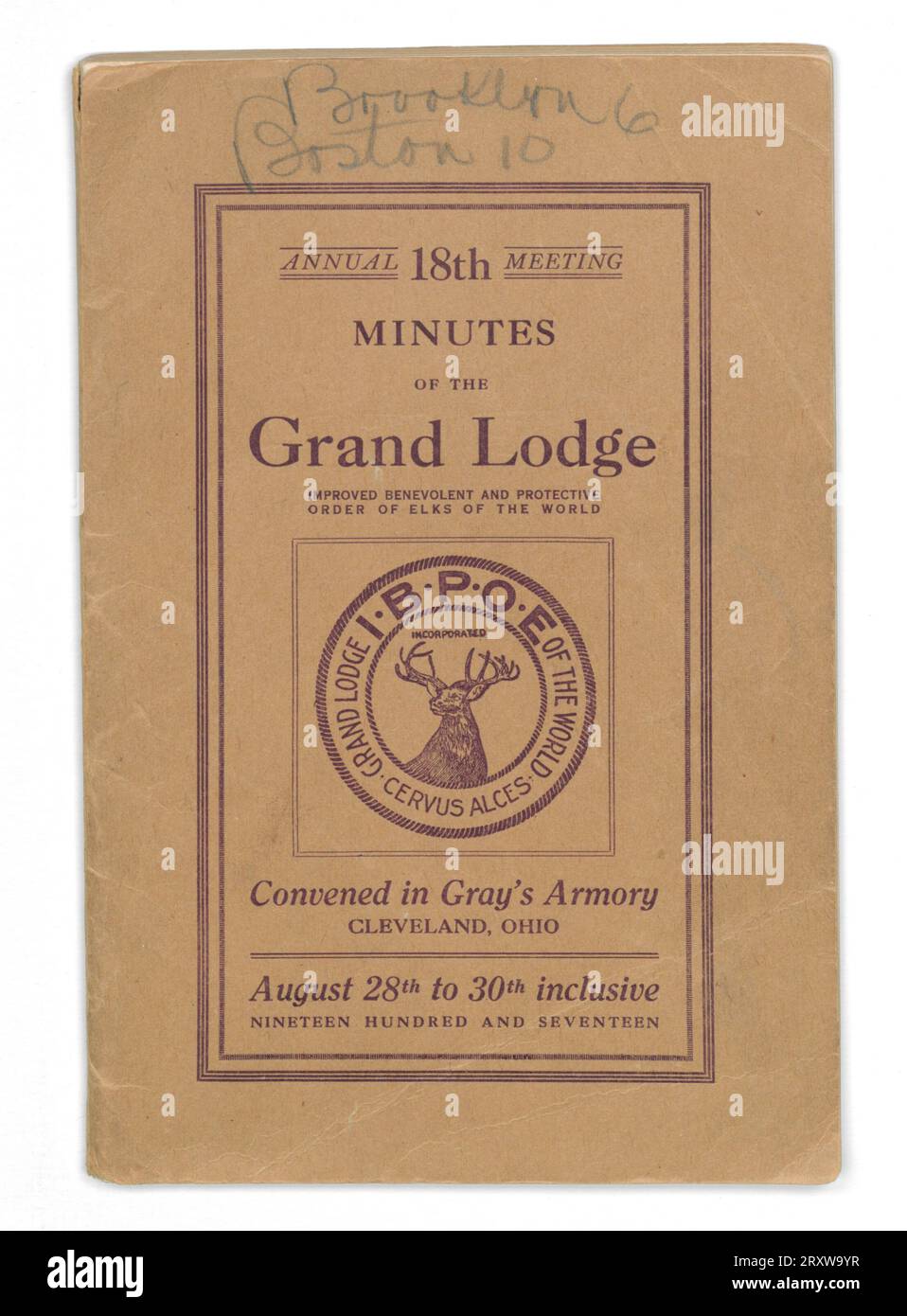 Programm der 18. Jahrestagung des verbesserten Wohlwollenden und schützenden Prders der Elchen der Welt. Covened in Gray's Armory in Cleveland, Ohio. August bis 30. August 1917. Stockfoto