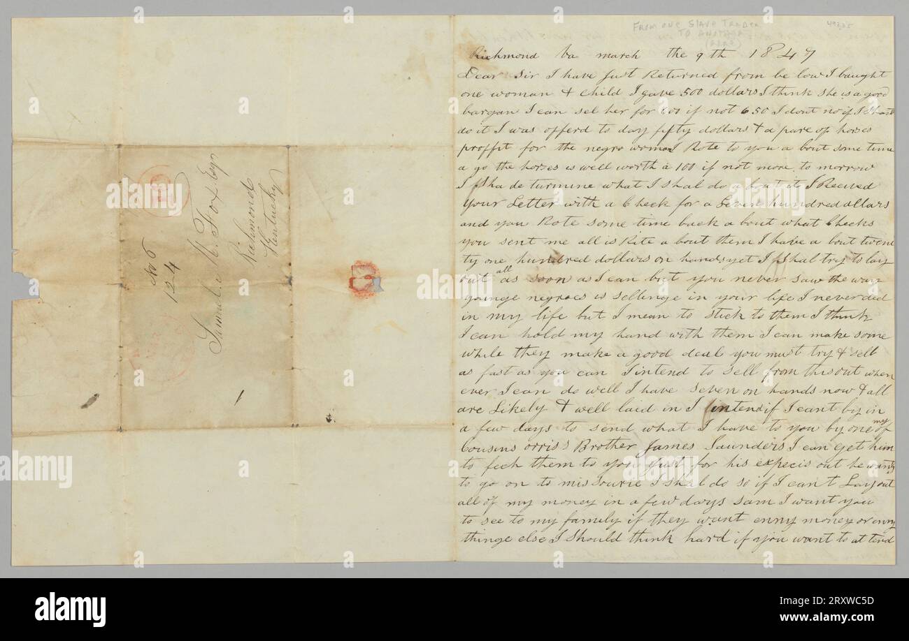 Brief an Samuel Fox von Giles Saunders über den Sklavenhandel am 9. März 1847 Stockfoto