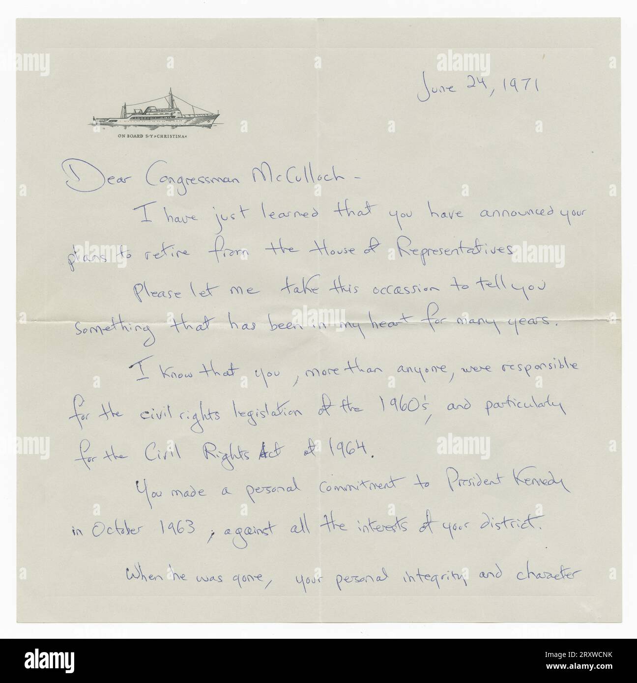 Brief von Jacquelyn Kennedy Onassis an den Kongressabgeordneten William McCulloch, 24. Juni 1971 Stockfoto
