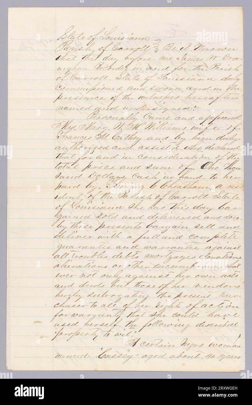 Diese Verkaufsurkunde dokumentiert den Verkauf einer versklavten Frau namens Cassey (* 1819) von Mary McCarthey an Fleming C. Cheatham, beide Carroll Parish, Louisiana, am 3. März 1859. Cassey war 40 Jahre alt und wurde für 1.000,00 Dollar verkauft. Die Urkunde wurde von James W. Draughon, ebenfalls von Carroll Parish, aufgezeichnet. Das Papier wird an der oberen Kante der ersten Seite gefaltet. der Text befindet sich auf der Vorder- und Rückseite einer Seite, die zweite Seite hat eine leere Seite und die Rückseite dieser zweiten Seite enthält die Namen der beteiligten Parteien und das Datum des Verkaufs. In die letzte Seite der Urkunde ist eingeprägt Stockfoto