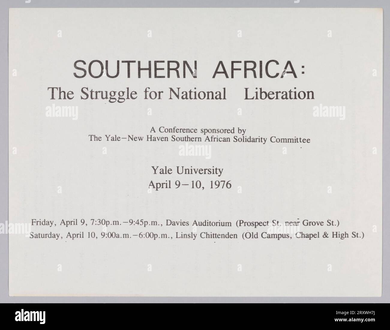 Flyer for Southern Africa: The Struggle for National Liberation Conference 9.-10. April 1976 Stockfoto