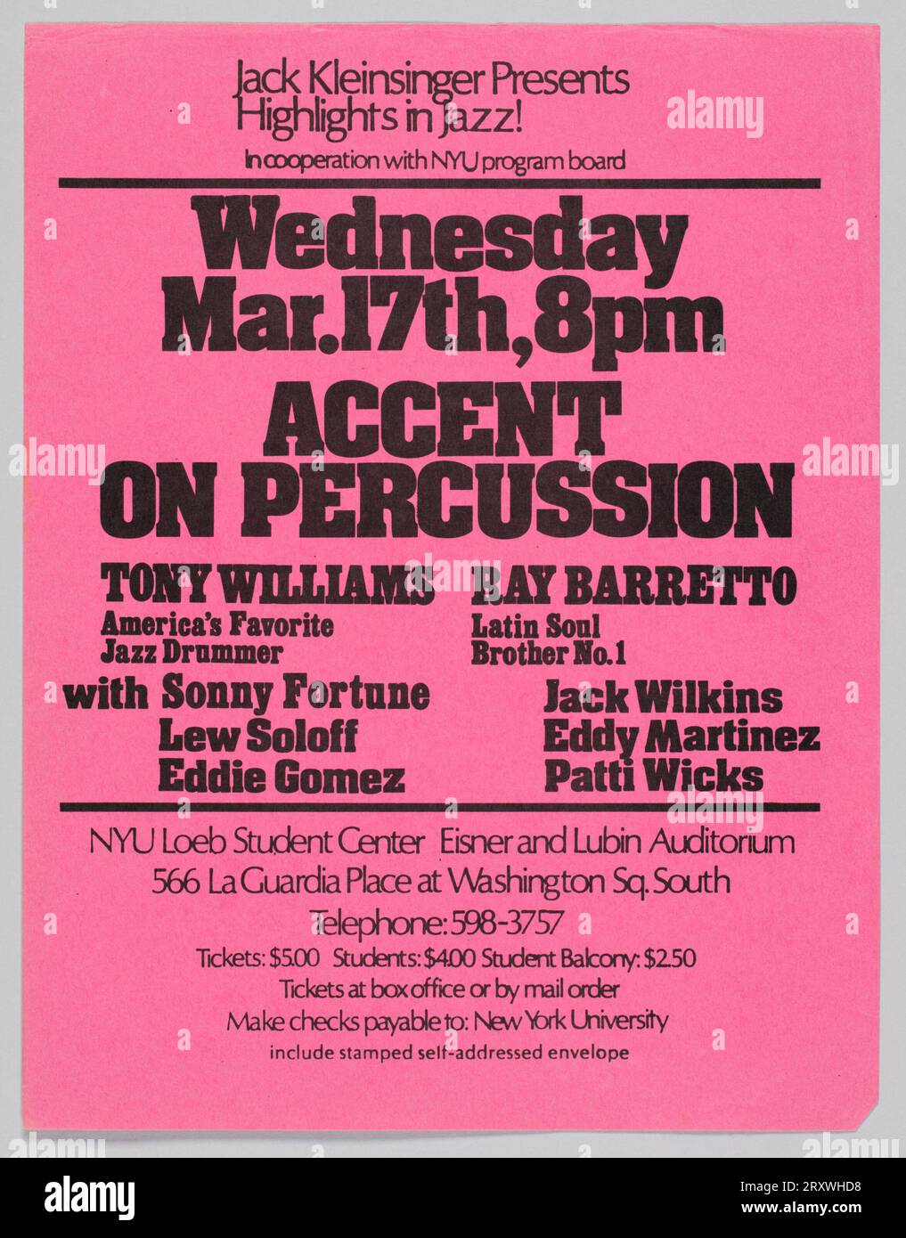 Flyer Advertising an Evening of Jazz at NYU Loeb Student Center, 17. März 1976 Stockfoto