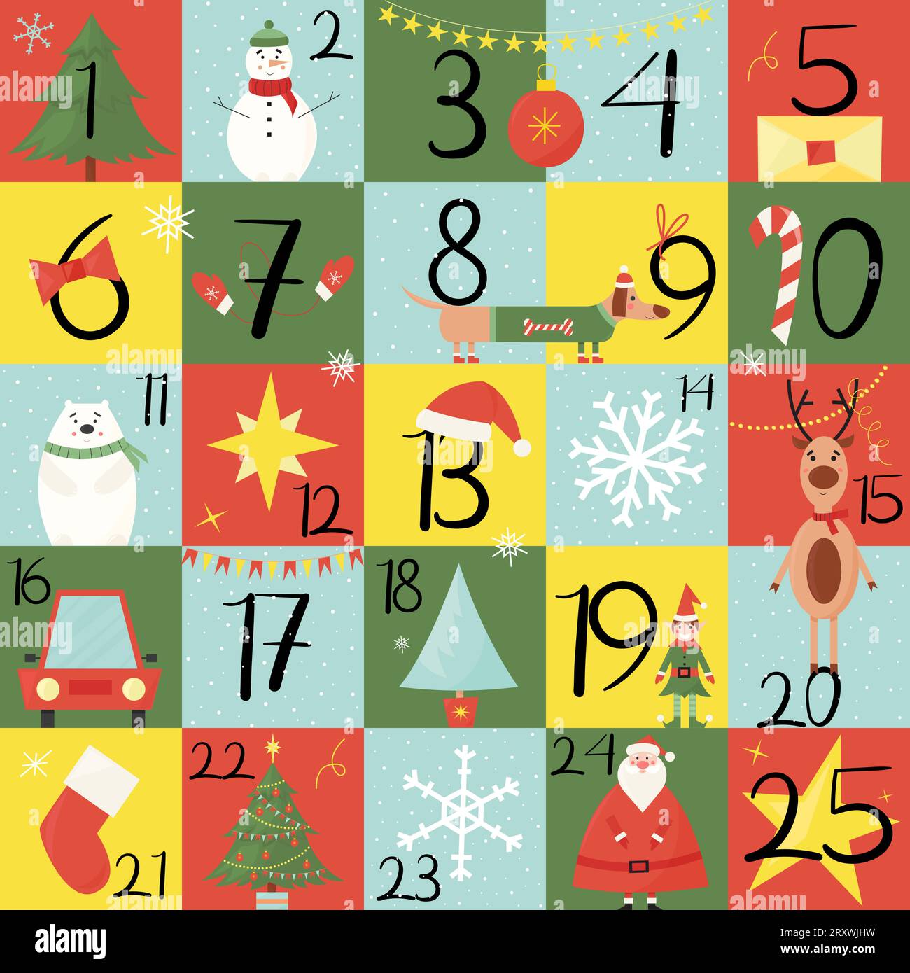 Adventskalender mit Zahlen und süßen Winterfiguren. Vektor-Illustration Stock Vektor