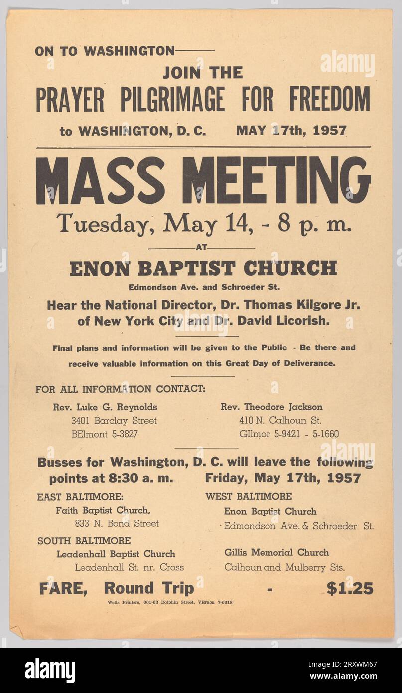 Flyer für das Treffen „Gebetspilgrimage für die Freiheit“ in der Enon Baptist Church 1957 Stockfoto