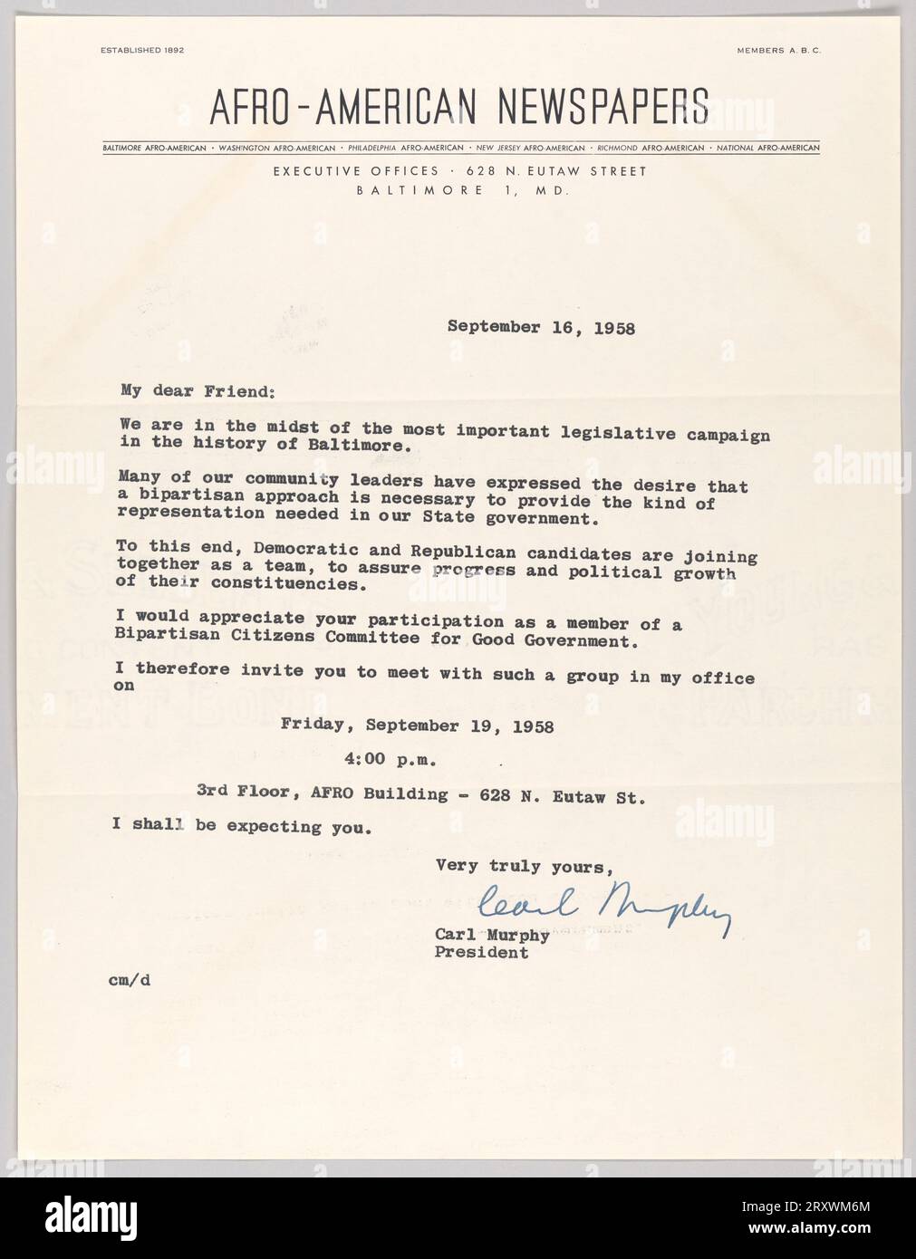 Brief von Carl Murphy und Afro-American Newspapers, 16. September 1958 Stockfoto