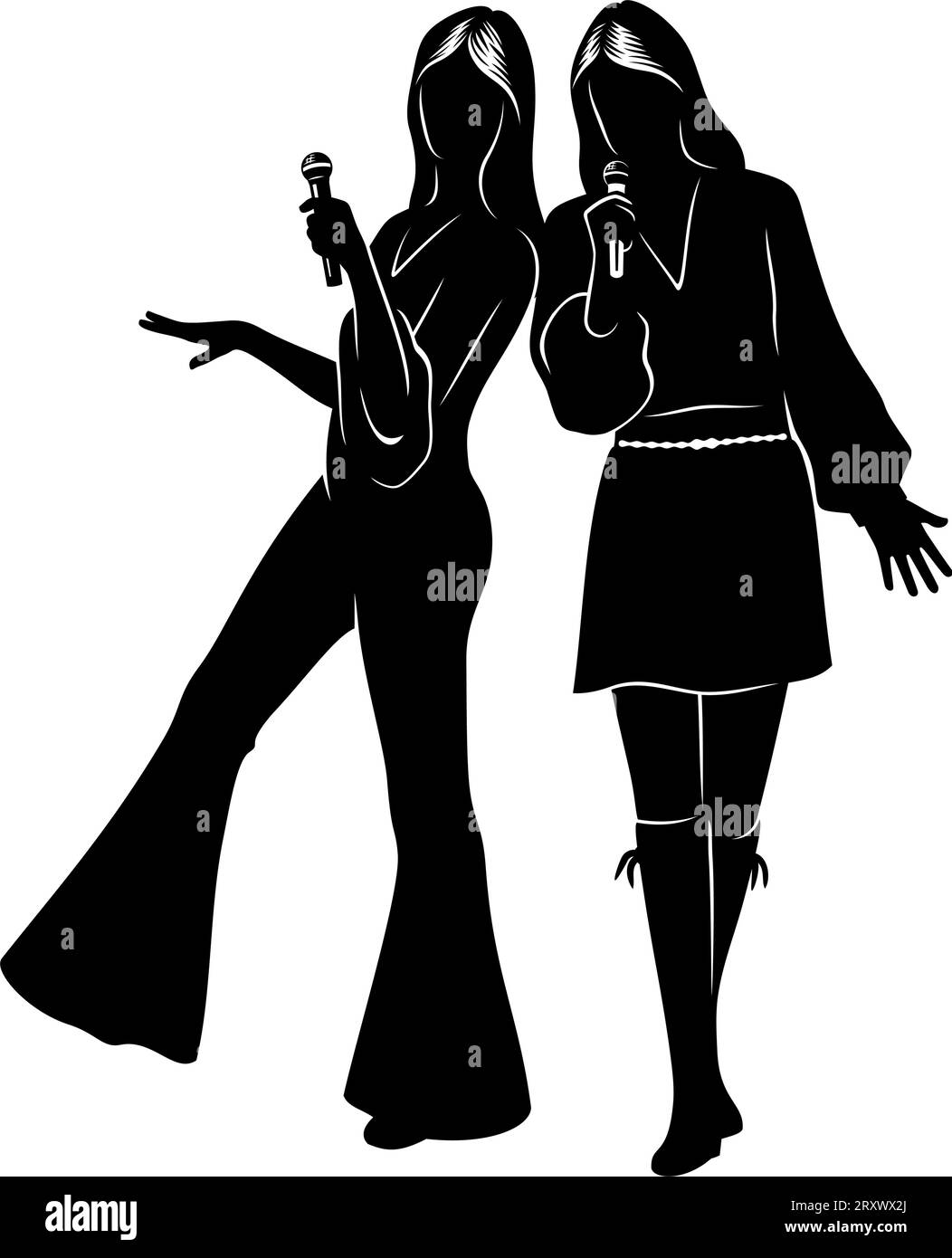 Disco Singers Silhouetten. Hübsche Frauen singen im Duo. Alle Figuren sind die separaten Objekte. Auf weiß isolierte Vektorklipsel. Stock Vektor