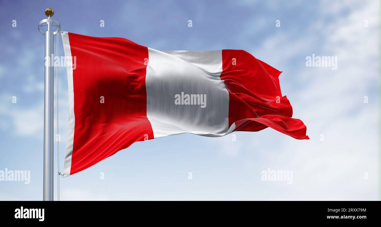 Die Nationalflagge Perus weht an einem klaren Tag im Wind. Vertikales Dreiband, bestehend aus zwei roten äußeren Bändern und einem einzelnen weißen mittleren Band. 3D-Illustrierung Stockfoto
