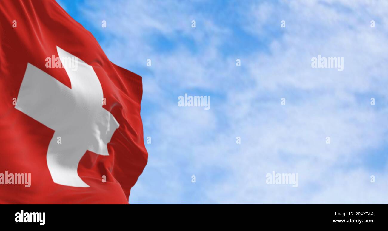 Die Schweizer Nationalflagge weht an klaren Tagen im Wind. Roter Hintergrund mit einem weißen Kreuz in der Mitte. 3D-Illustrations-Rendering. Flatternde Wellen Stockfoto