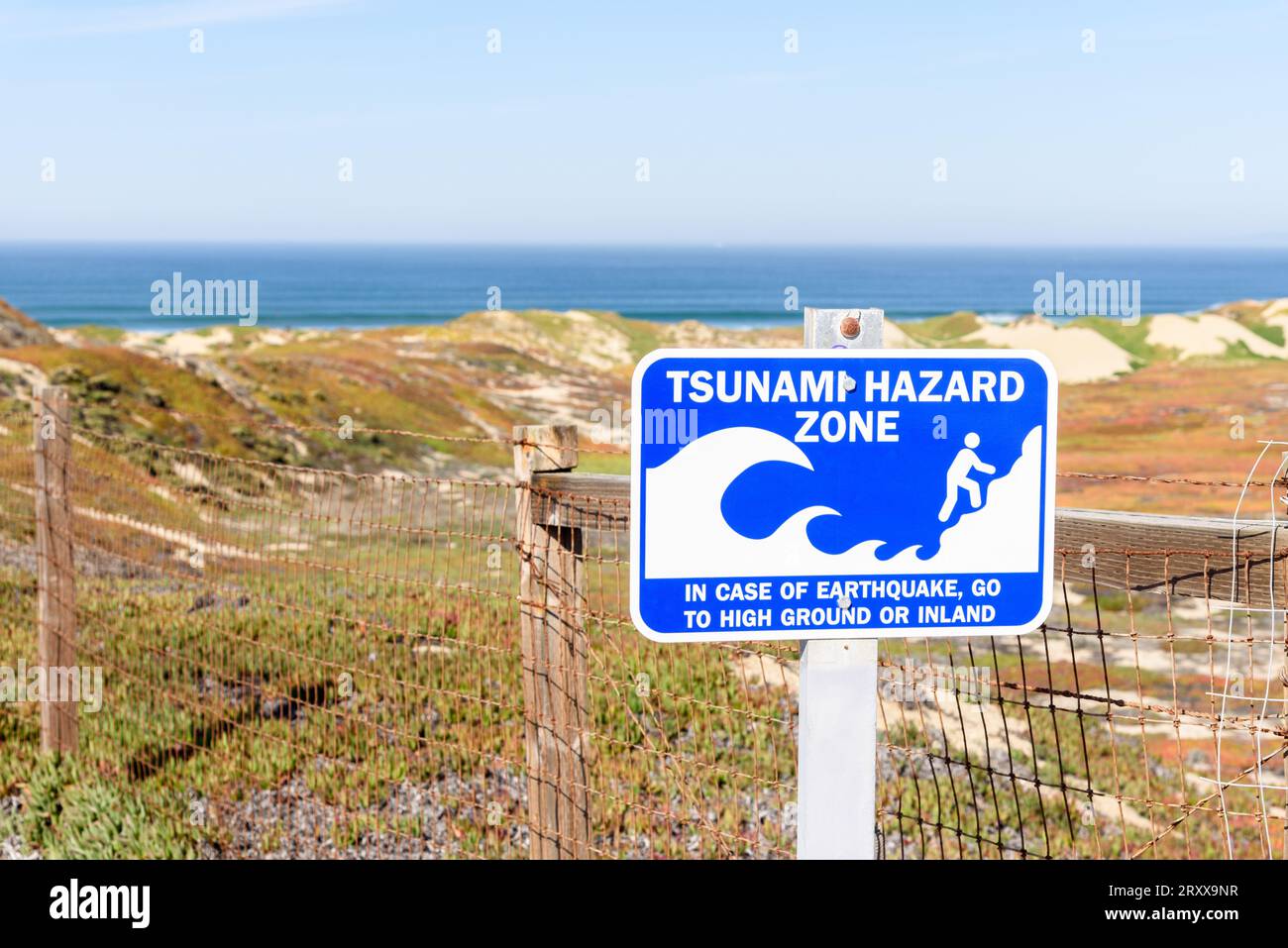 Nahaufnahme des Tsunami-Warnschildes entlang eines Pfads durch die Sanddünen an einem sonnigen Herbsttag Stockfoto