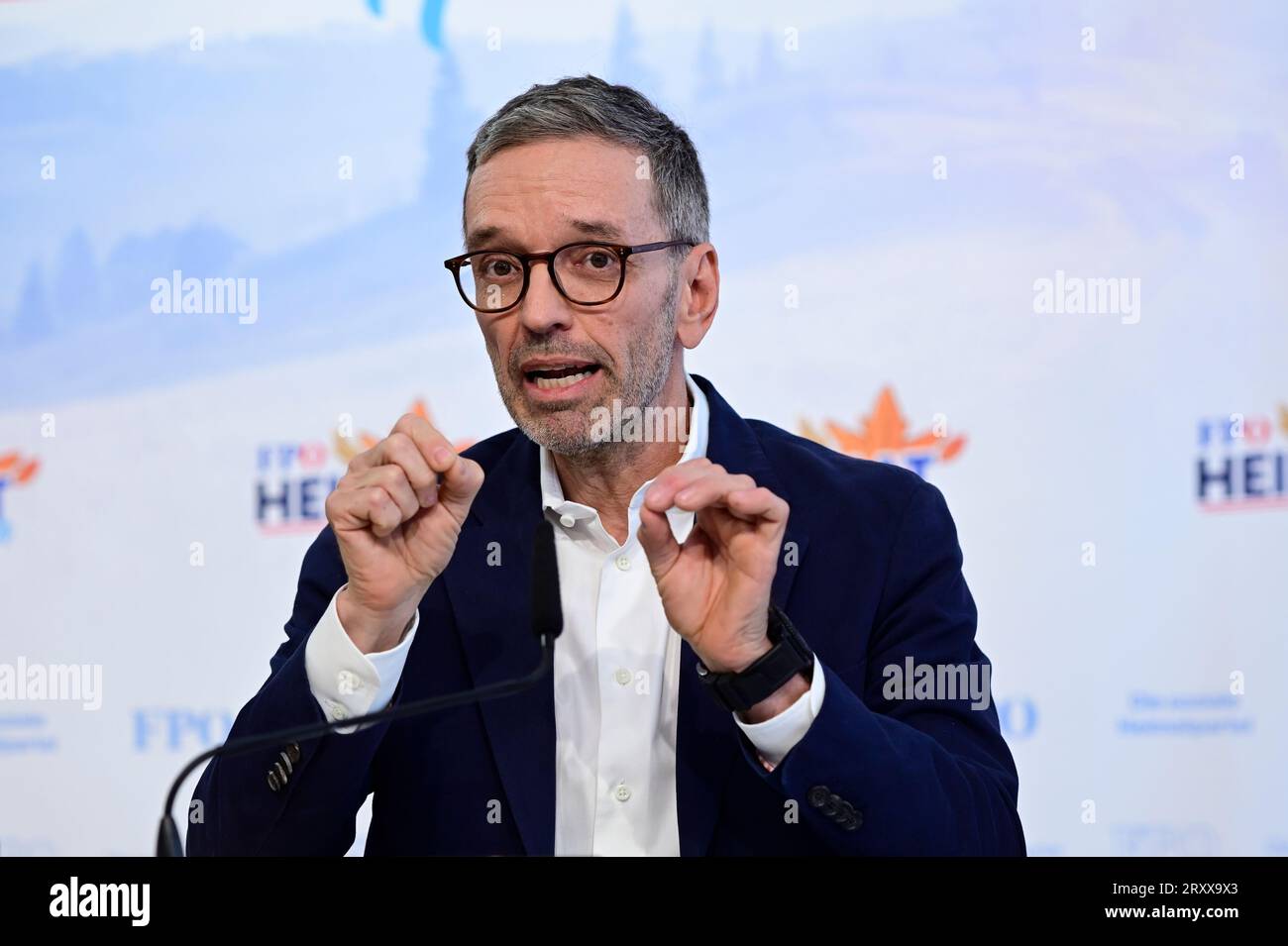 Wien, Österreich. September 27, 2023. Pressekonferenz mit dem FPÖ-Bundesparteivorsitzenden Herbert Kickl. Thema: „Präsentation der Herbstoffensive der FPÖ“ Stockfoto