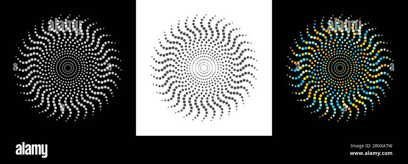 Ein Satz spiralförmiger Kreismuster. Verdrehte, gewundene Punktstrahlen. Vorlage für kreatives Design Stock Vektor