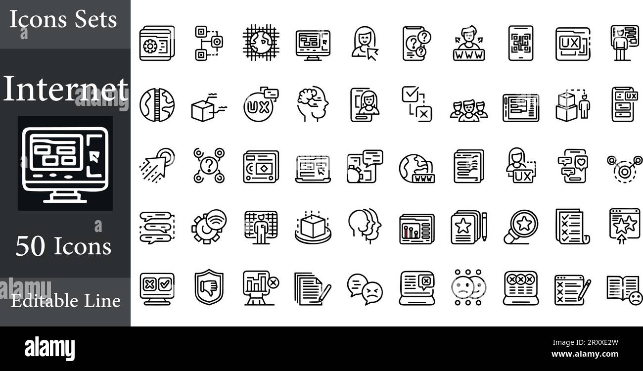 Einfache Internet-Symbole festgelegt. Universelles Internet-Symbol zur Verwendung in der Web- und mobilen Benutzeroberfläche, Satz grundlegender UI-Internetelemente Stock Vektor