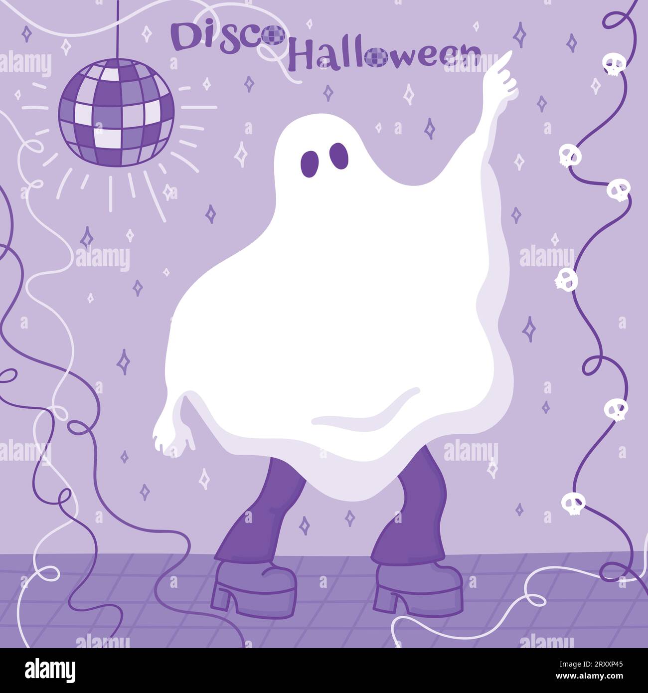 Geistertanz Disco. Stilvoller Geist auf einer Tanzfläche mit festlichen Girlanden und Disco-Ball. Disco Halloween. Vektorillustration Stock Vektor