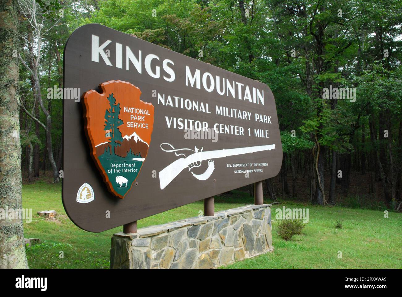 Foto: Schild zum Kings Mountain National Military Park, South Carolina, USA. Stockfoto