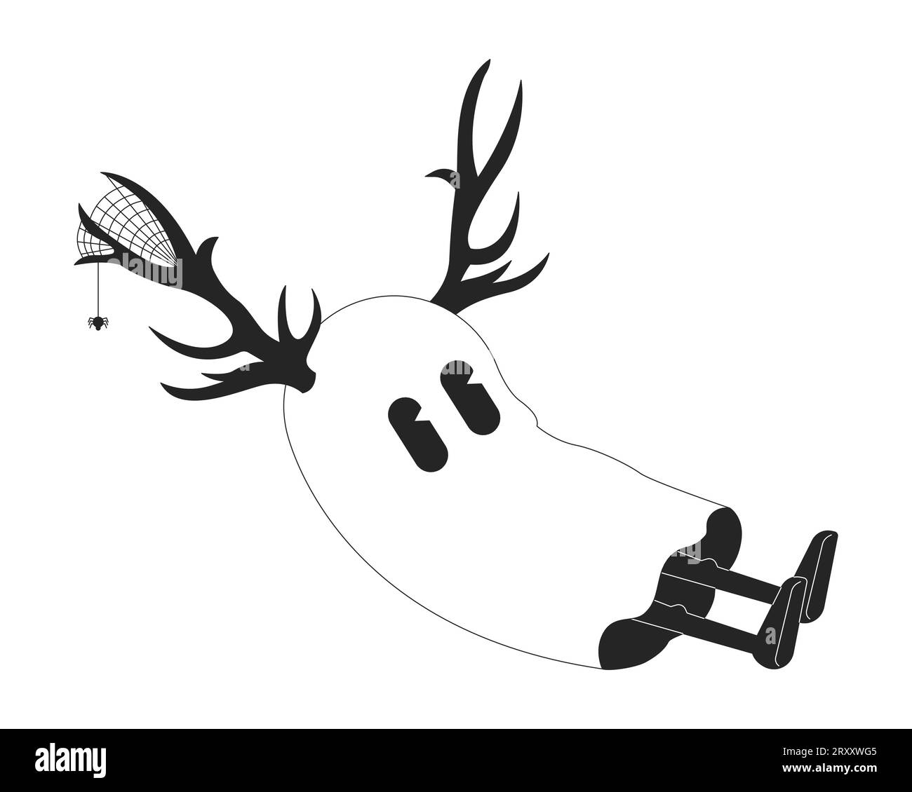 Süße Geister tragen ein Hirschgeweih in schwarz-weißer 2D-Zeichentrickfigur Stock Vektor