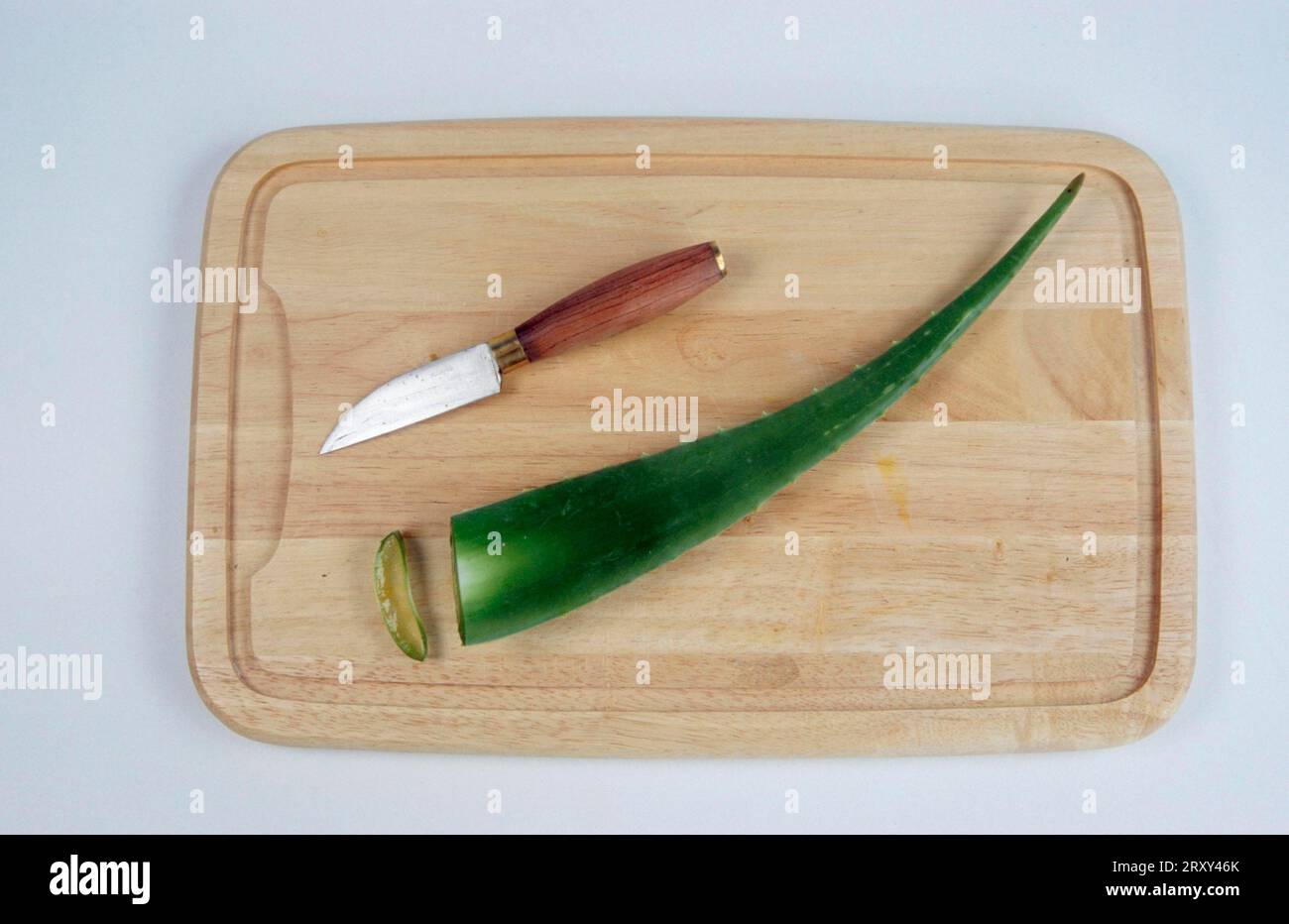 Messer und echte Aloe (Aloe), Akku auf Schneidebrett Stockfoto