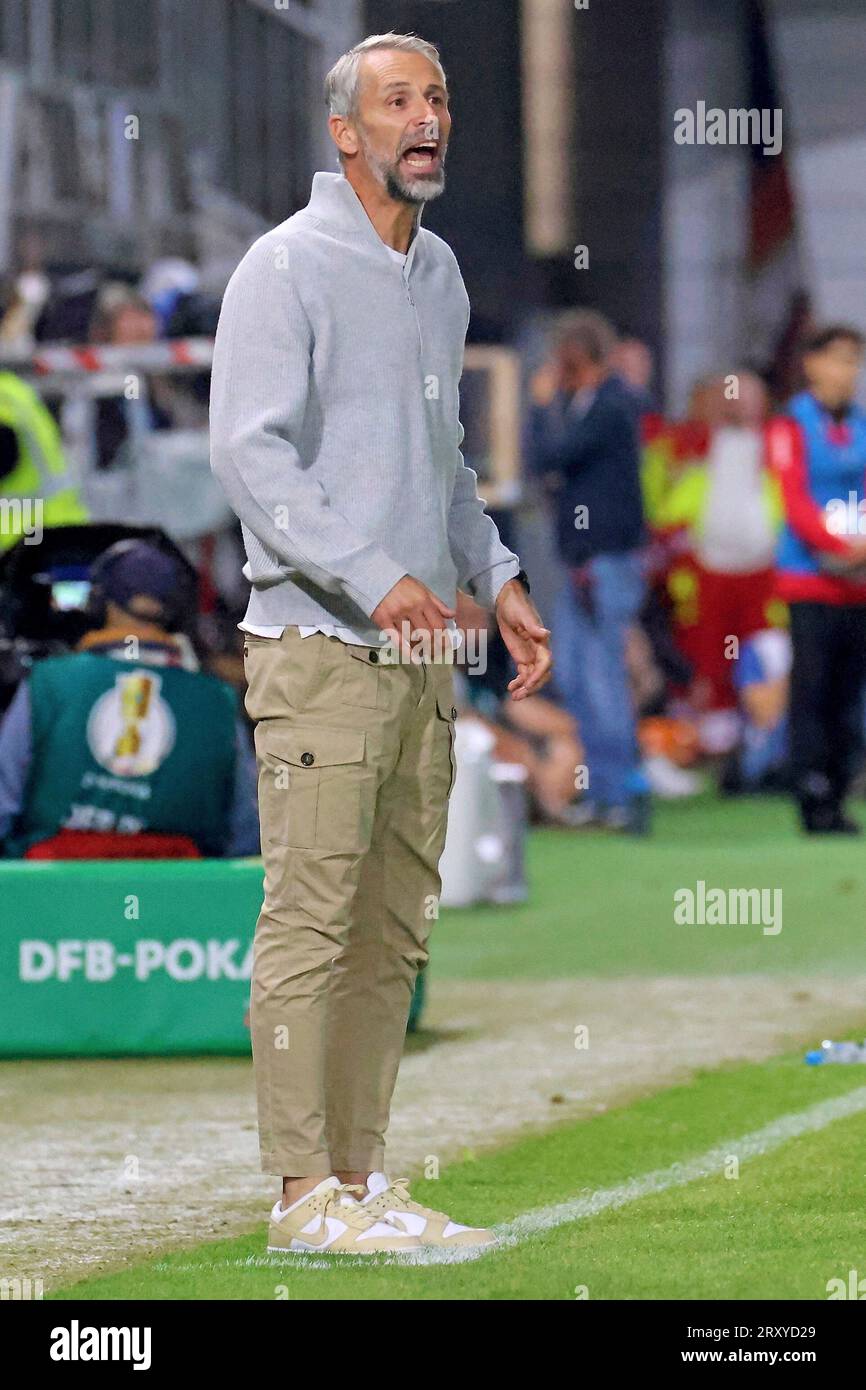 Wiesbaden, Deutschland 27. September 2023: DFB-Pokal - 1 Rd - 2023/2024 - Wehen Wiesbaden vs. RB Leipzig im Bild: Trainer Marco Rose (Leipzig) gibt seinen Spielern vom Spielfeldrand aus taktischen Anweisungen. /// die DFB-Vorschriften verbieten die Verwendung von Fotografien als Bildsequenzen und/oder Quasi-Video /// Stockfoto