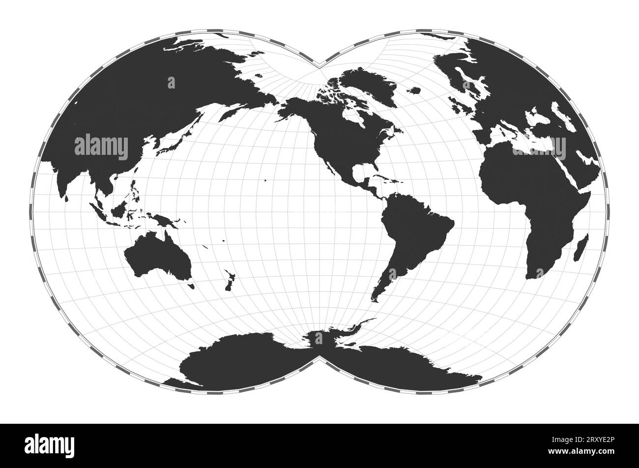 Vektor-Weltkarte. Van der Grinten IV-Projektion. Einfache geografische Weltkarte mit Breiten- und Längengraden. Zentriert auf 120 Grad E Länge. Stock Vektor