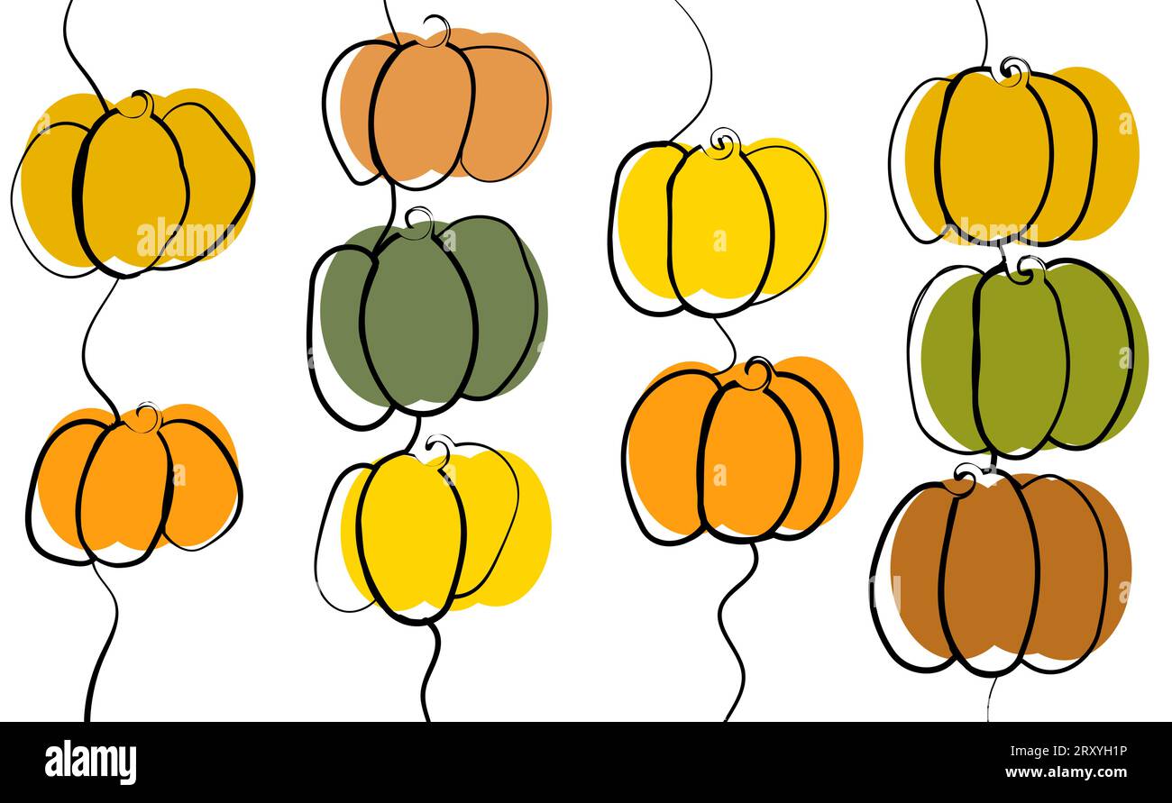 Reife Kürbisse in verschiedenen Farben im Strichkunststil, Banner mit Kopierbereich auf weißem Hintergrund, Konzept von Happy halloween, Herbsternte, halloween Stock Vektor