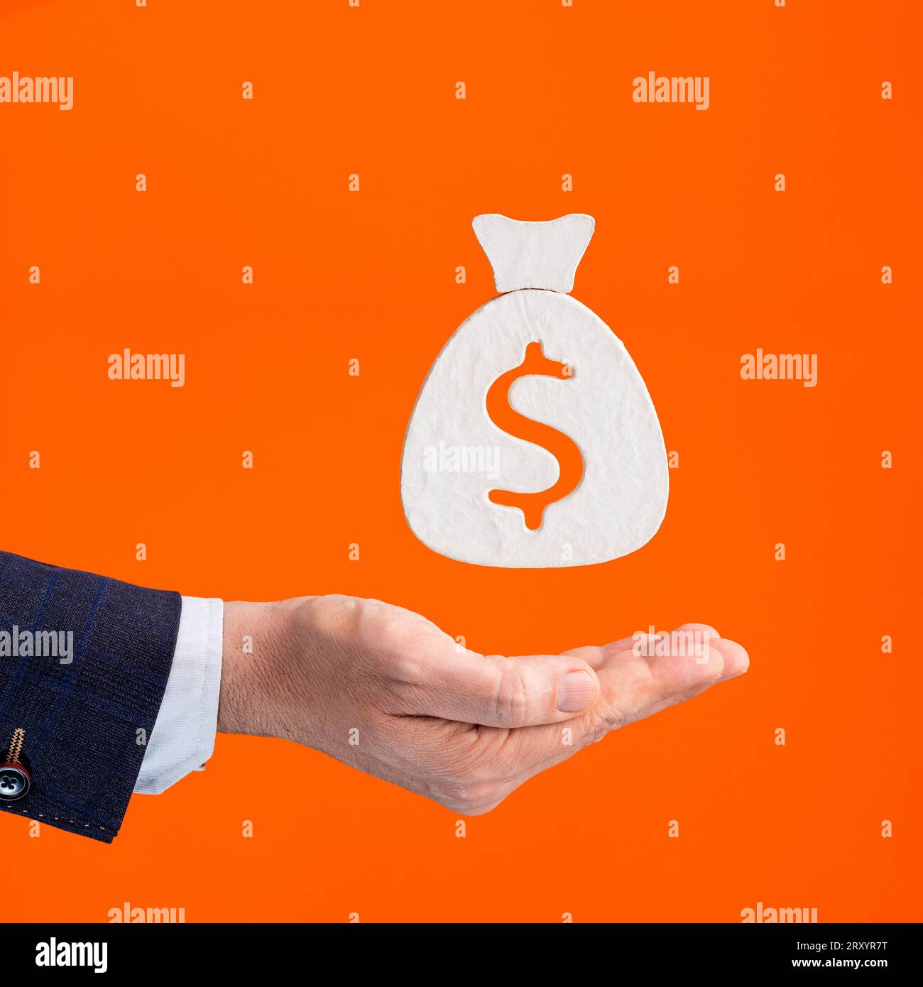 Mann Hand mit Geld Symbol - Dollar in den Händen eines erfahrenen Verkäufers Stockfoto