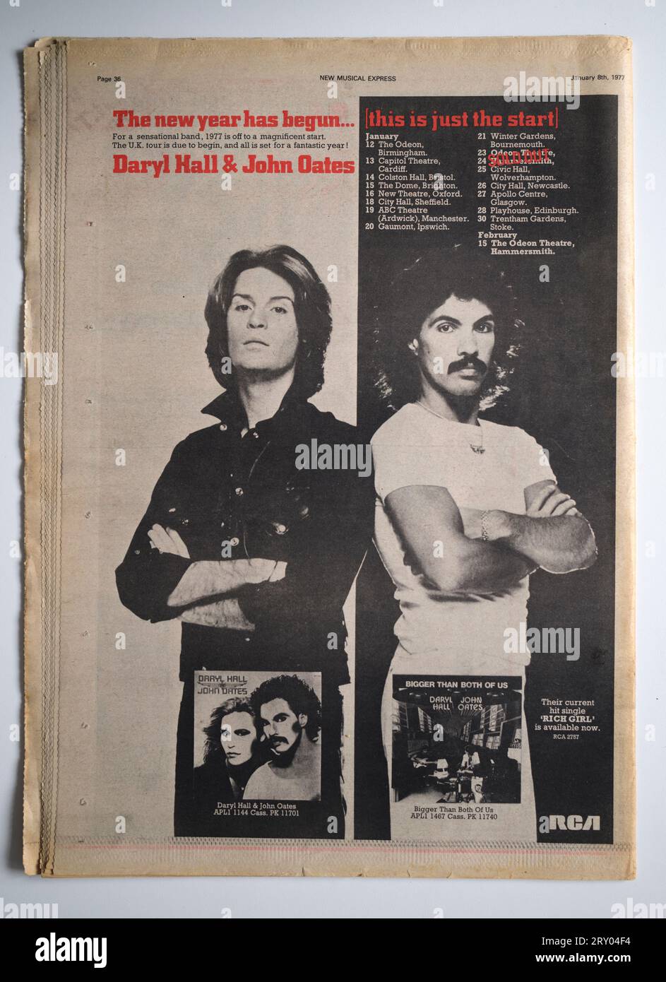 Werbung für Daryl Hall und John Oates Tour in der 1970er-Ausgabe des NME New Musical Express Music Paper Stockfoto