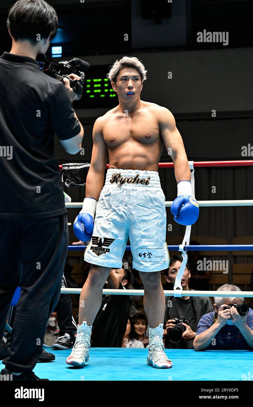 Ryohei Ibuki vor dem 2023 East Japan Rookie of the Year Tournament im Mittelgewicht Halbfinale in der Korakuen Hall in Tokio, Japan, am 15. September 2023. (Foto: Hiroaki Finito Yamaguchi/AFLO) Stockfoto