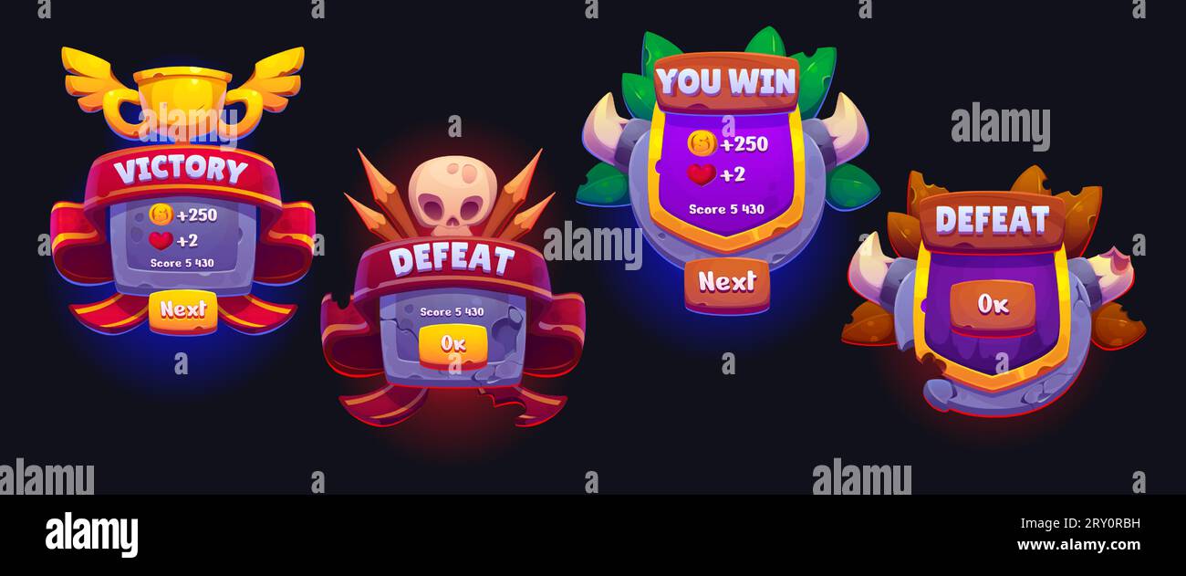 „Win ui“-Spielsymbol, „Victory Cartoon“-Button-Design. Goldenes Bannerabzeichen mit Awadt und Fail-Konzept mit Schädel. Mobiles Popup-Label für Abschließen und Besiegen. 2D Hupenschutzrahmen isoliert Set für App Stock Vektor