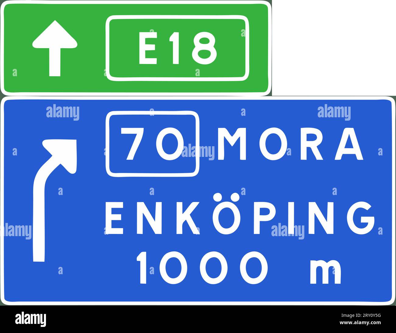 Vorfahrtsschild Ausfahrt vor der Autobahn oder Schnellstraße, Schilder mit Informationen, Sonderregelung, Straßenschilder in Schweden Stock Vektor