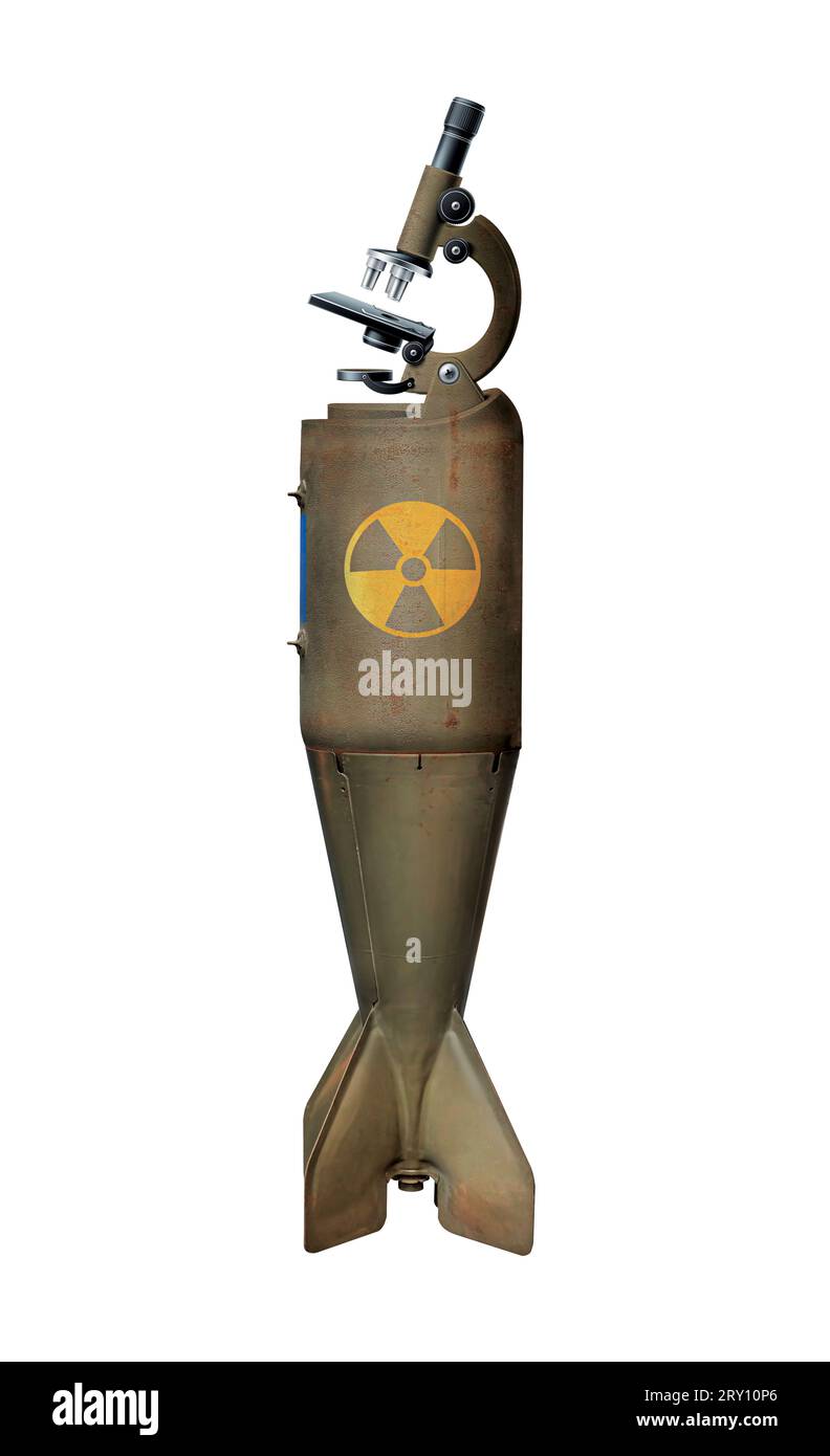 Nuklearer Sprengkopf und Wissenschaft. Mikroskopmanipulation an der Rakete. Militärische grüne Raketenbombe isoliert auf weißem Hintergrund. 3D-Illustration. Stockfoto