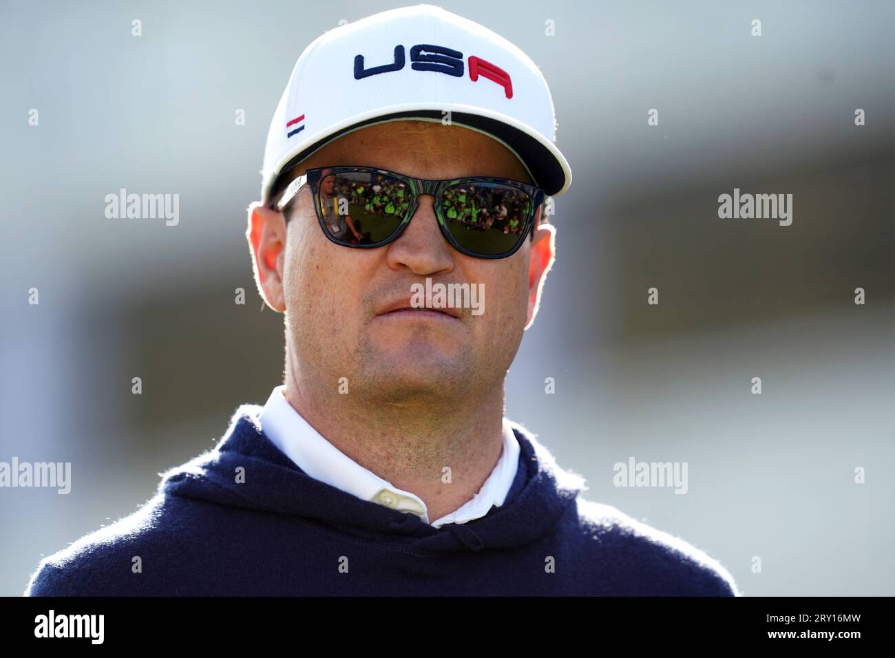 USA Kapitän Zach Johnson vor einem Teamfoto im Marco Simone Golf and
