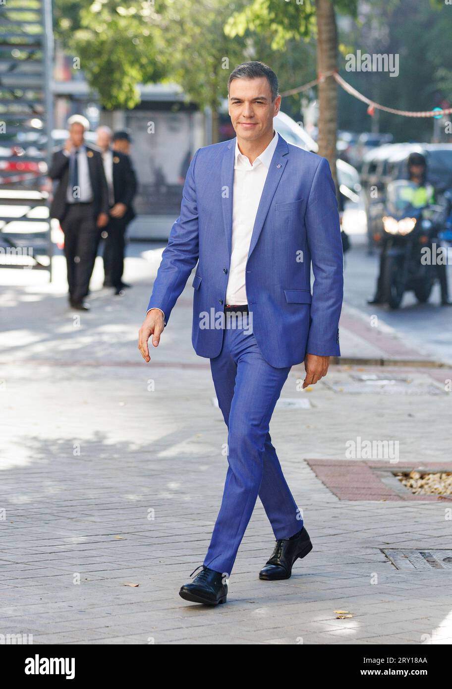 The Secretary General of the PSOE and acting President of the Government, Pedro Sánchez, upon his arrival at the closing ceremony of the Grupo S SEPTEMBER 28;2023 Eduardo Parra / Europa Press 09/28/2023 (Europa Press via AP) Stockfoto