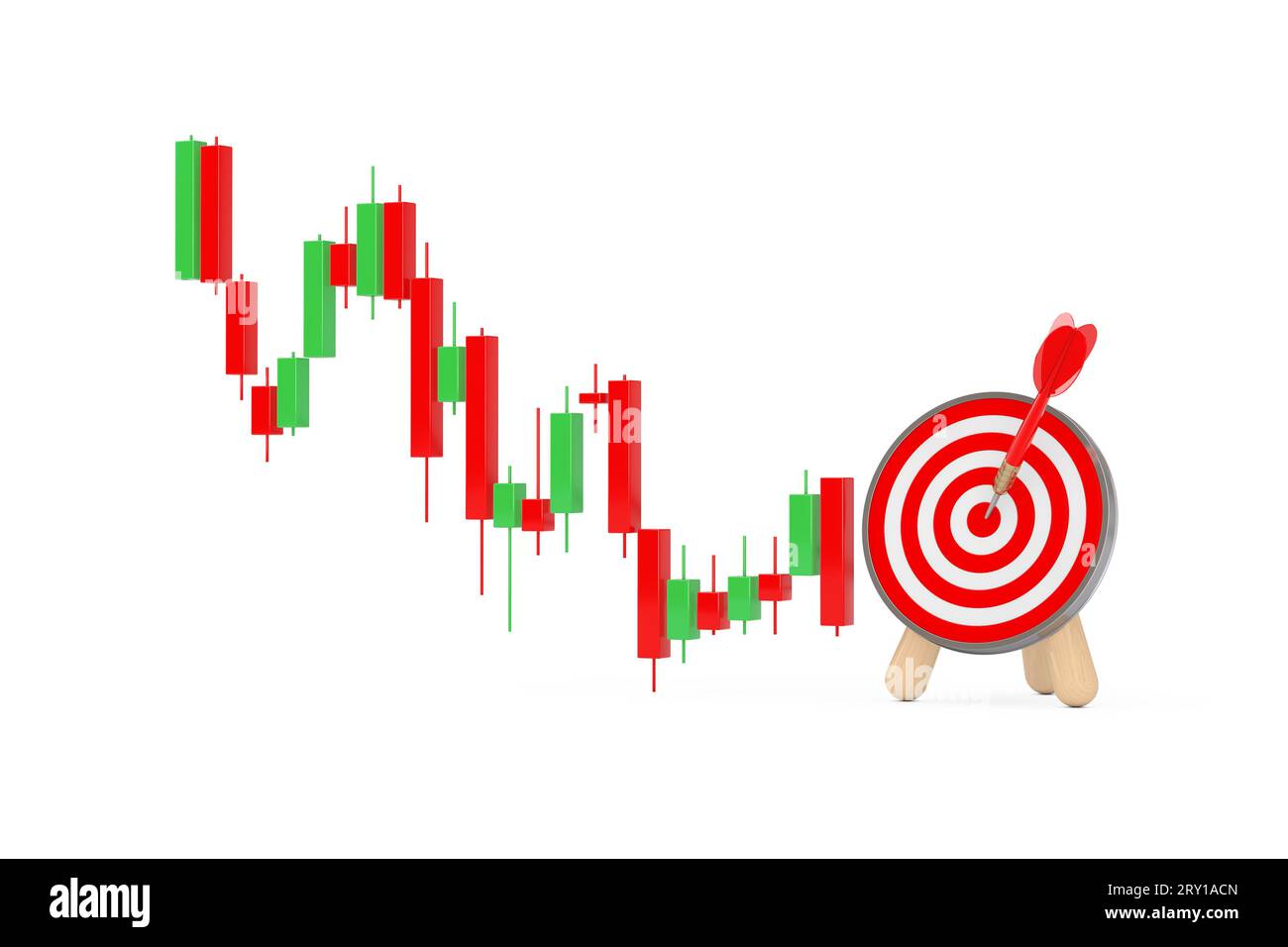 Grün und Rot Trading Financial Candlesticks Pattern Chart mit Bogenschießen Ziel und Dart in der Mitte auf weißem Hintergrund. 3D-Rendering Stockfoto