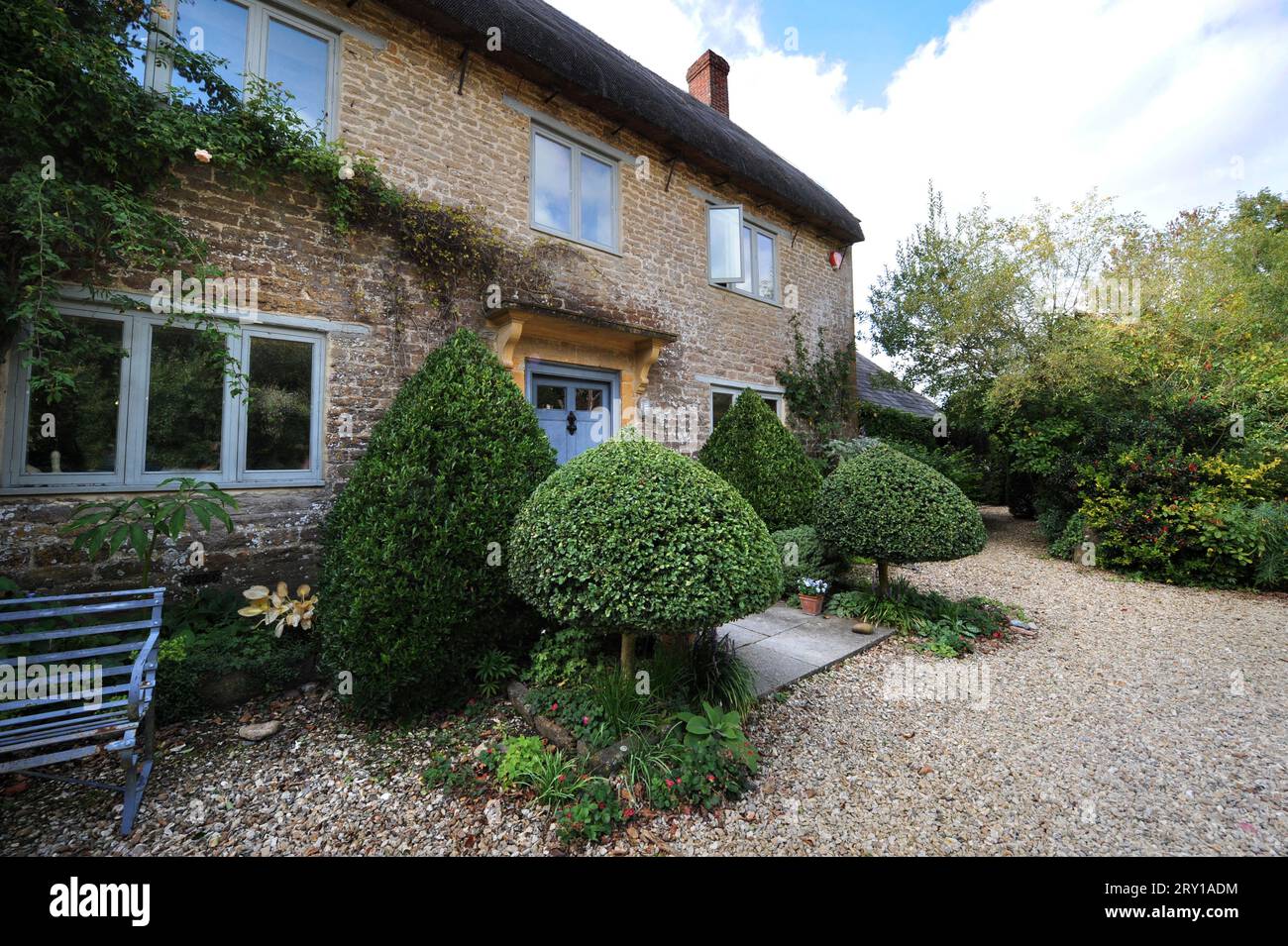 Dorset Cottage mit Topiary, Großbritannien. Stockfoto