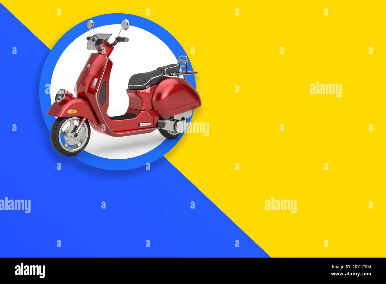 Roter klassischer Vintage Retro- oder Elektroroller-Motobike-Etikett mit freiem Platz für Ihr Design auf einem gelben und roten Hintergrund. 3D-Rendering Stockfoto