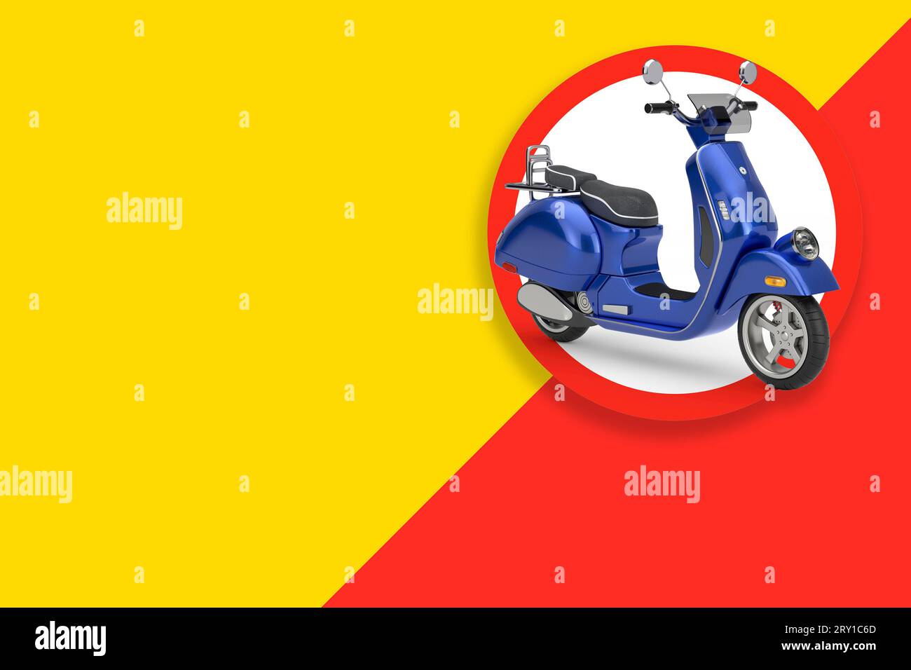 Blaues klassisches Vintage Retro- oder Elektro-Roller-Motorrad-Etikett mit freiem Platz für Ihr Design auf einem gelben und roten Hintergrund. 3D-Rendering Stockfoto