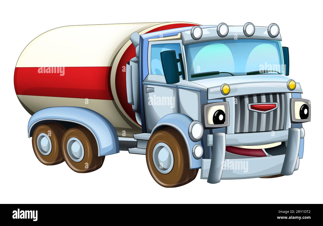 Glückliche Karikatur Zisterne LKW Fahrer Auto Tanker isolierte Illustration für Kinder Stockfoto