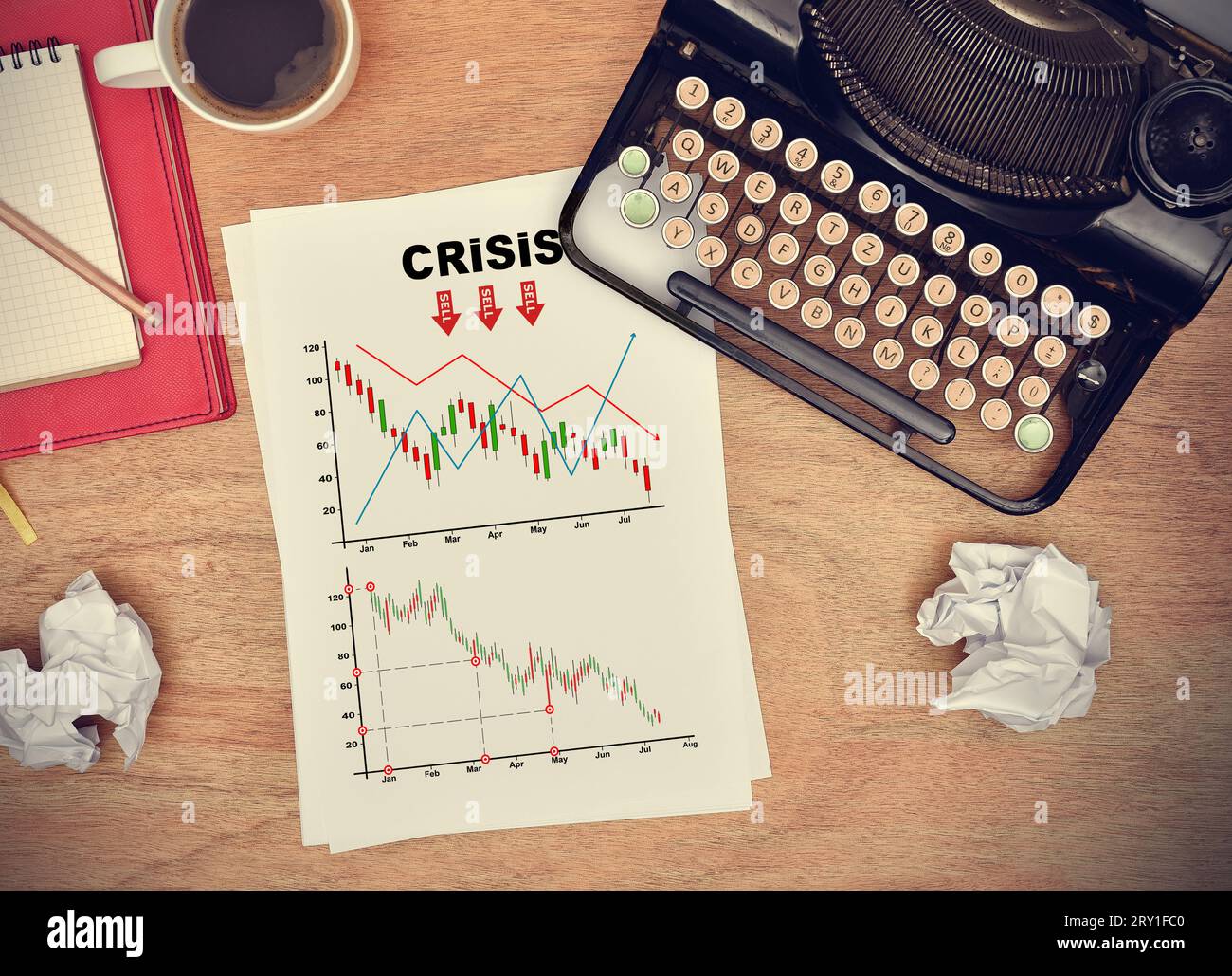 Auf einem Blatt Papier gezeichnetes Depressionsdiagramm. Konzept der Wirtschafts- und Finanzkrise. Stockfoto