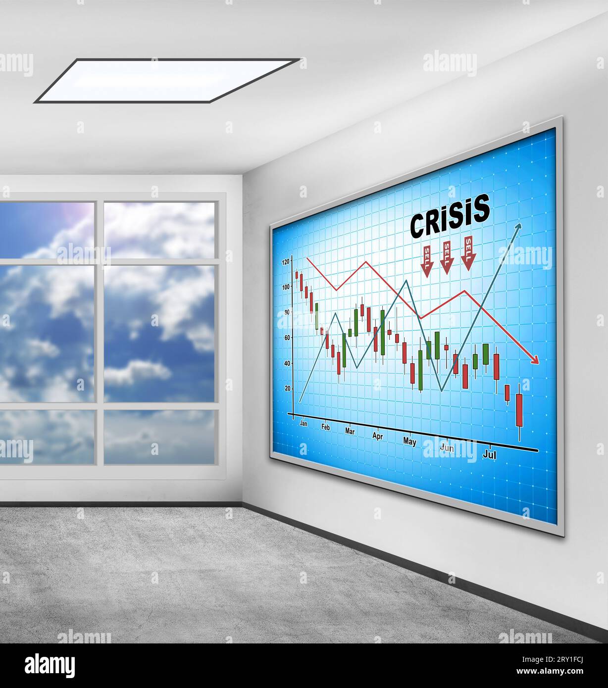 Krisendiagramm auf blauem Bildschirm-Plasmablech im Büroinnenraum. Geschäfts- und Konkurskonzept. Stockfoto