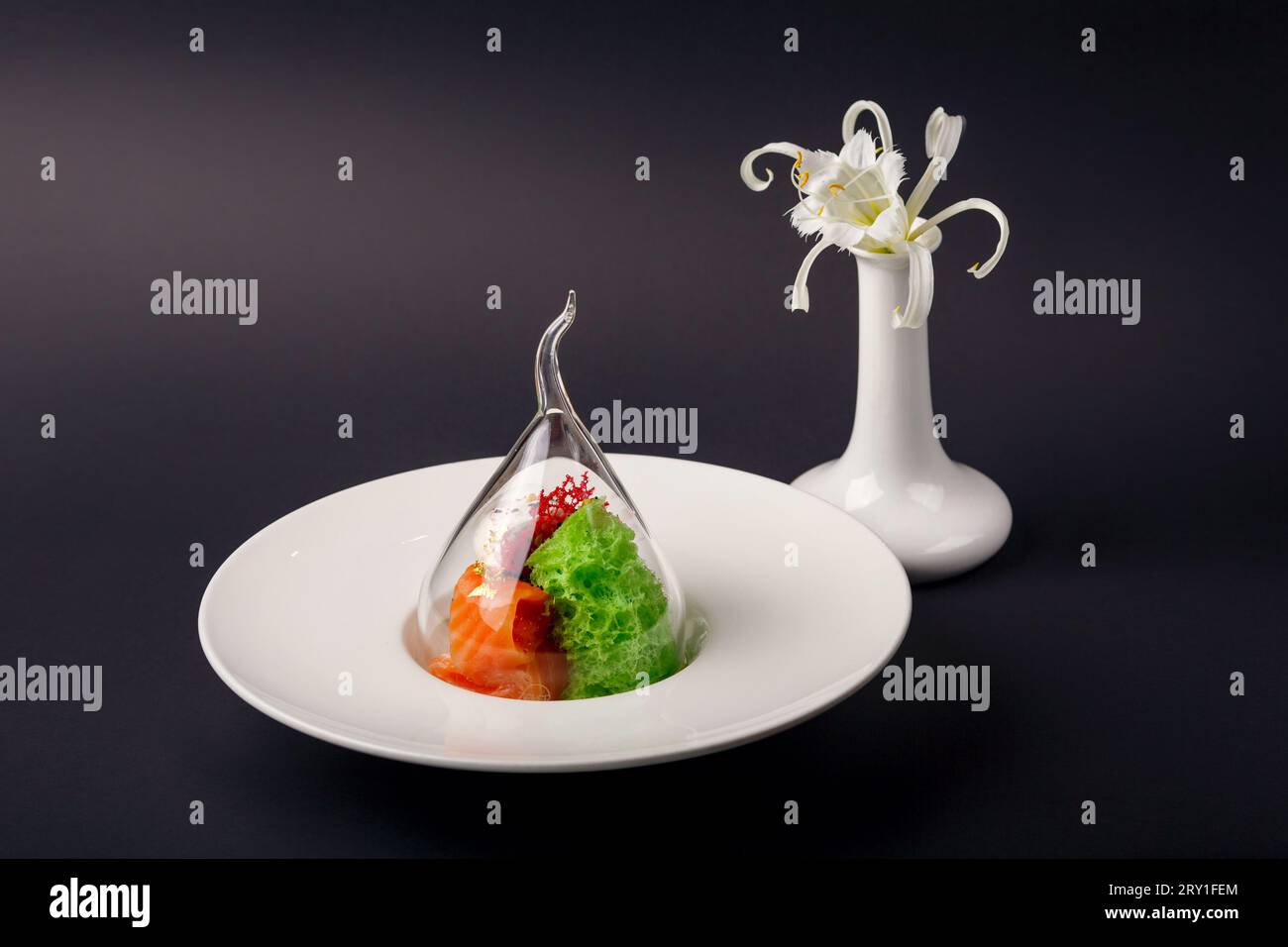 Molekulare moderne Küche Gravlaxforelle mit Knoblaucheis auf schwarzem Hintergrund. Stockfoto