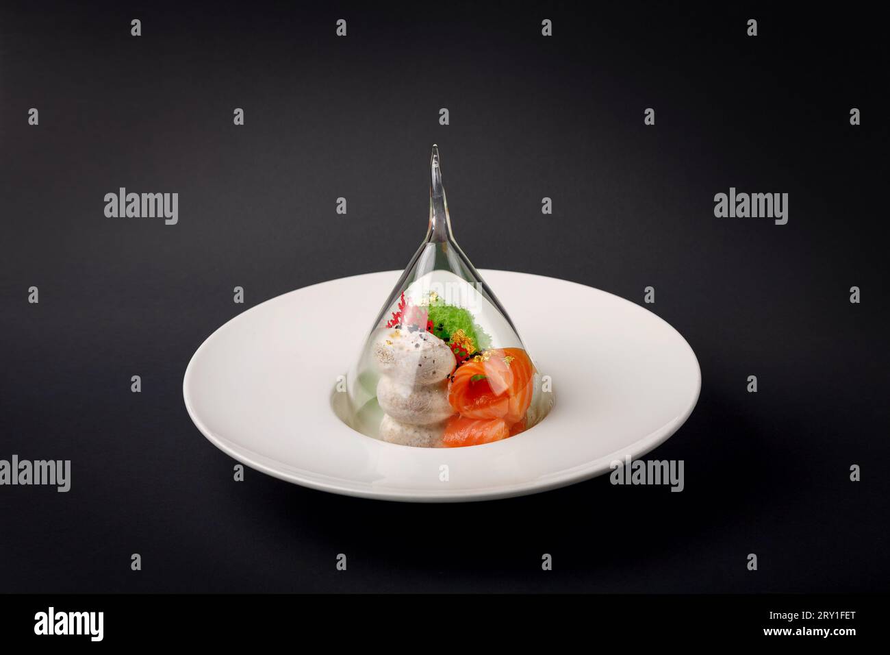 Molekulare moderne Küche Gravlaxforelle mit Knoblaucheis auf schwarzem Hintergrund. Stockfoto