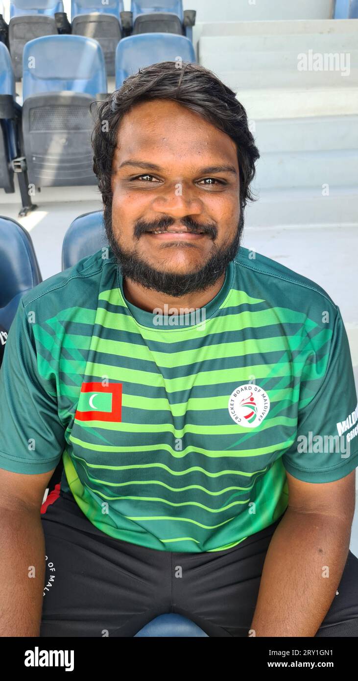 Malediven Spieler bei der ICC Männer T20 World Cup Sub Regional Asia Qualifier Ein Spiel gegen Saudi Arabien im West End Stadion in Doha am Donnerstag. Stockfoto