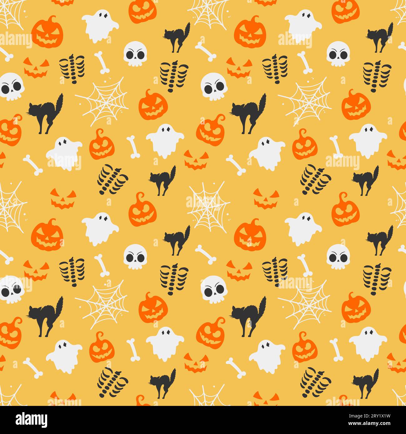 Nahtloses Halloween-Muster mit Geistern Skelett Kürbissen Katzen und Spinnweben auf gelbem Hintergrund Stock Vektor